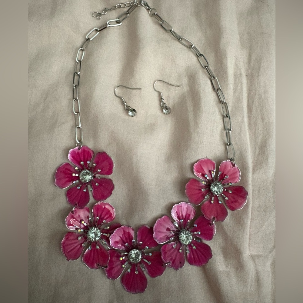 Pink Floral Necklace and Earring Set